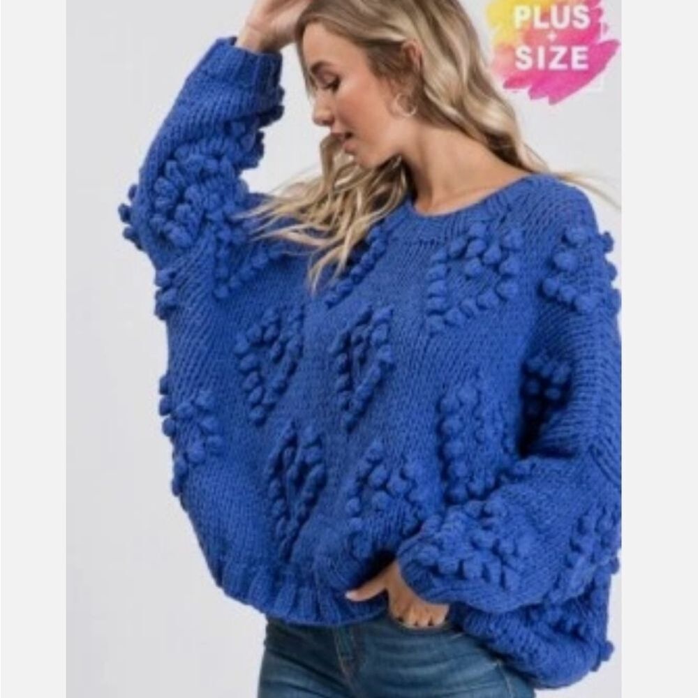 Racheal Blue Oversized Pompom Heart Sweater - NEW